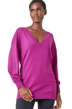 Tops>Roman Stretch V-Neck Longline Jumper Magenta