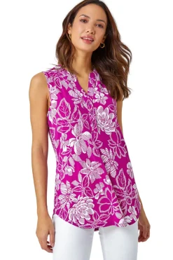 T-Shirts>Roman Magenta Textured Floral Print Sleeveless Top