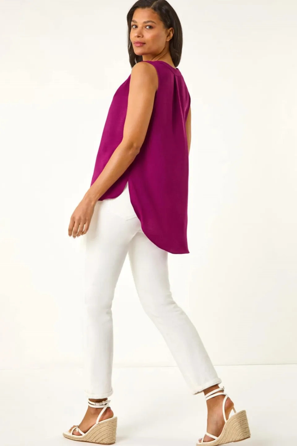Tops>Roman Magenta Textured V Neck Pleat Front Vest