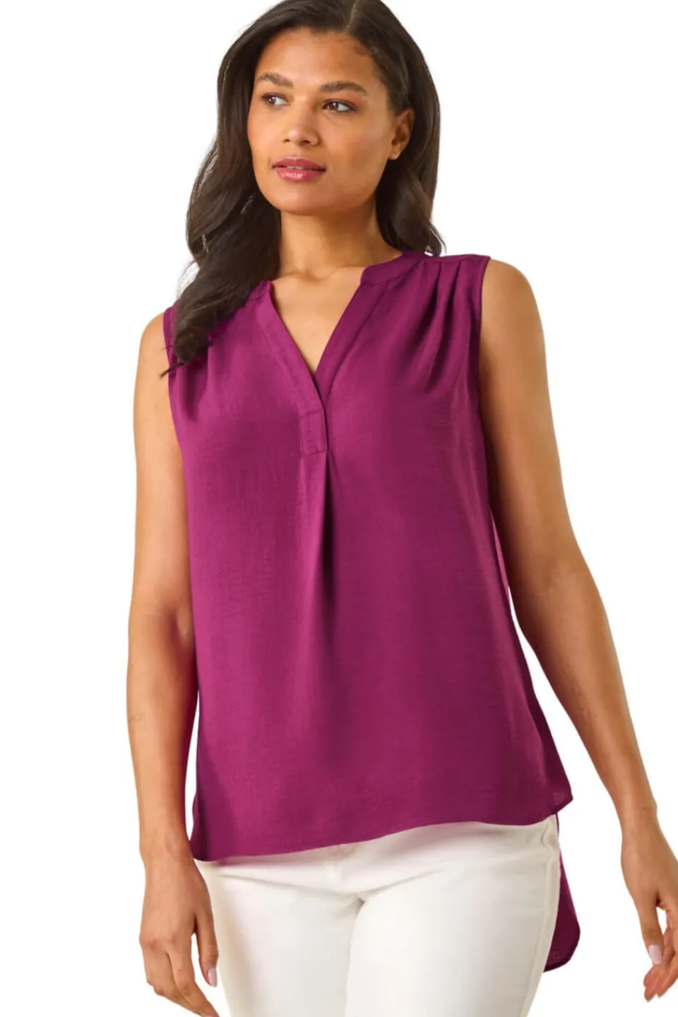 Tops>Roman Magenta Textured V Neck Pleat Front Vest
