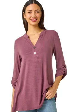 Blouses & Shirts>Roman Mauve Ribbed Buttoned Stretch Shirt