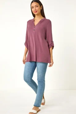 Blouses & Shirts>Roman Mauve Ribbed Buttoned Stretch Shirt