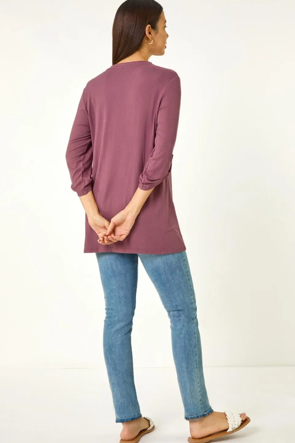 Blouses & Shirts>Roman Mauve Ribbed Buttoned Stretch Shirt