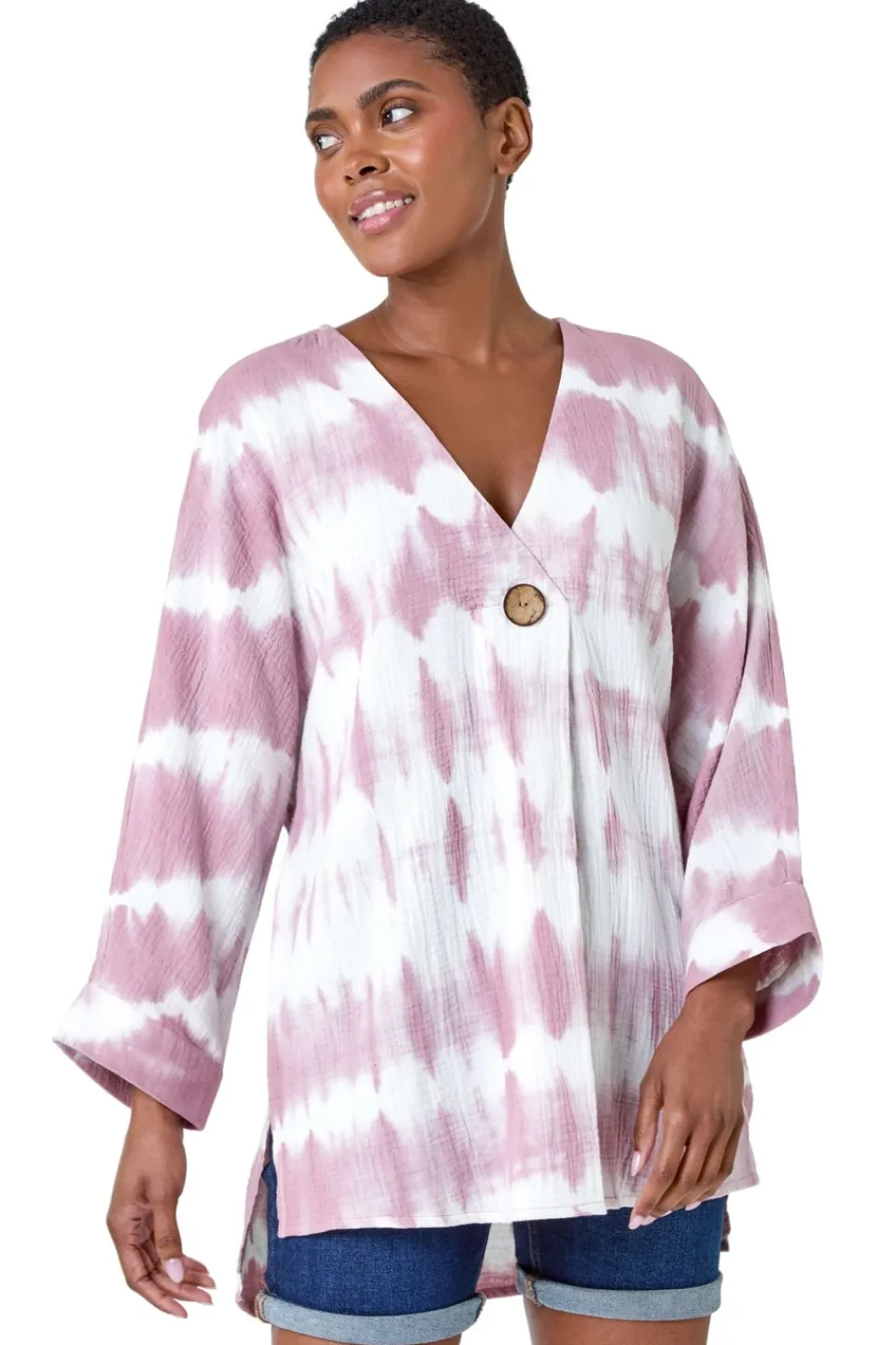 Tops>Roman Mauve Tie Dye Print V-Neck Tunic Top