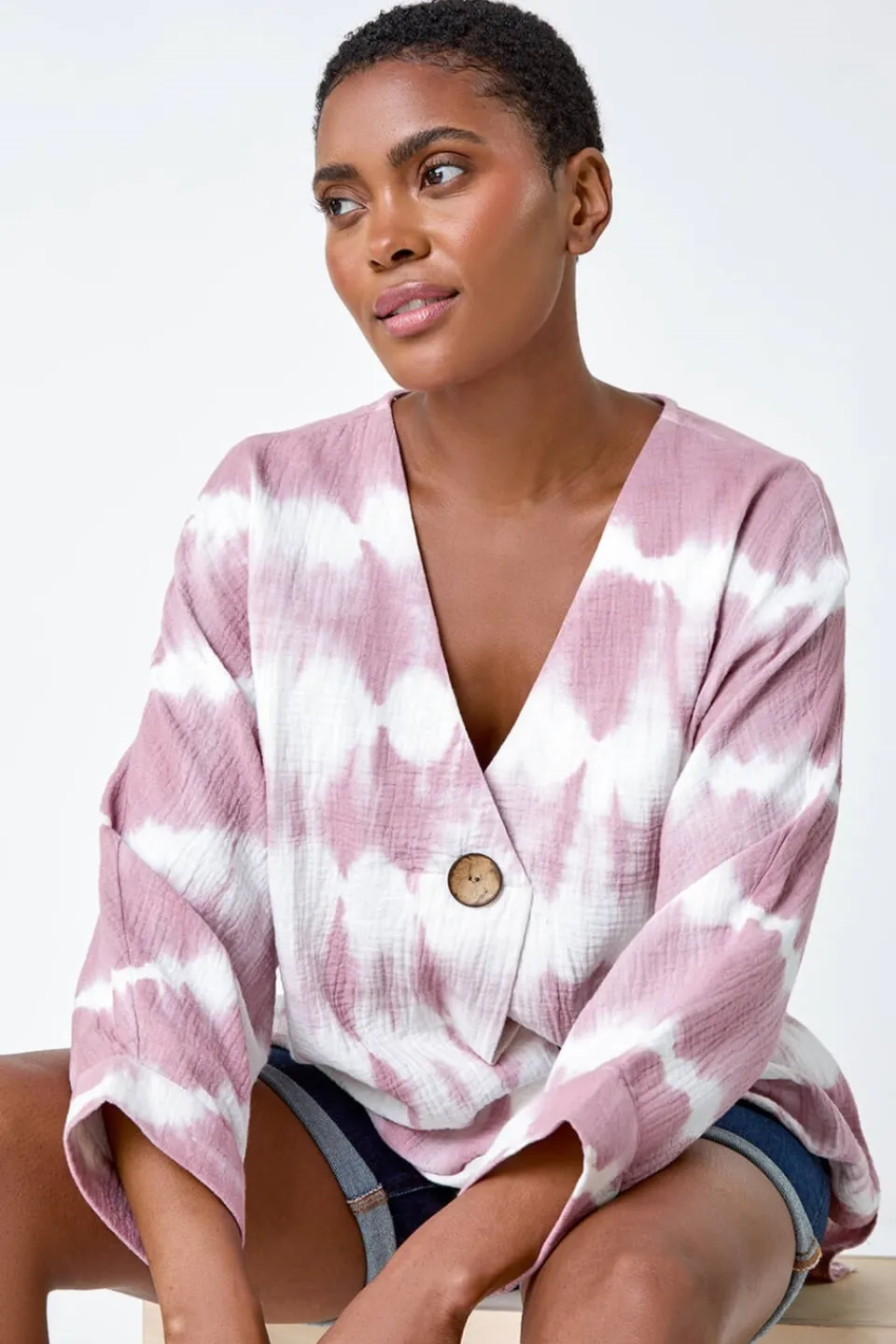 Tops>Roman Mauve Tie Dye Print V-Neck Tunic Top