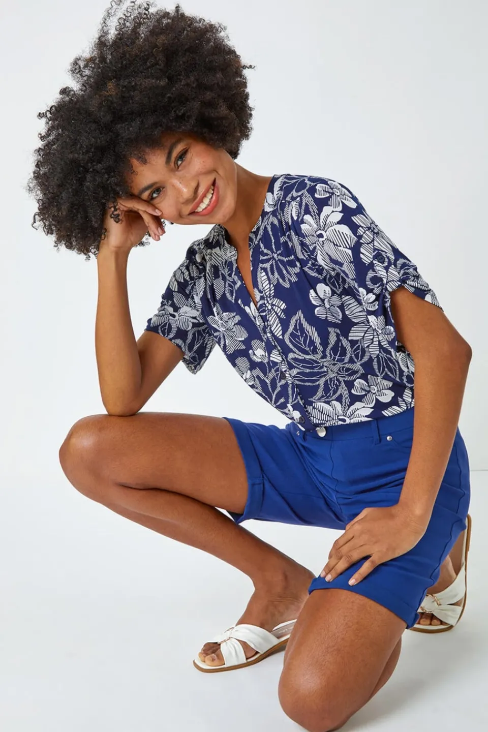 Shorts>Roman Midnight Blue Elastic Waist Turn Up Stretch Shorts