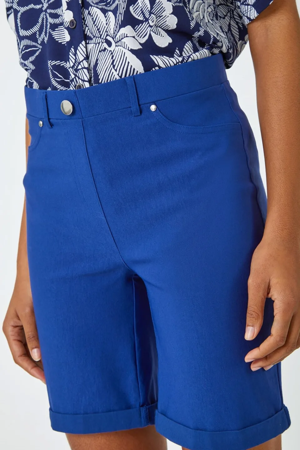 Shorts>Roman Midnight Blue Elastic Waist Turn Up Stretch Shorts