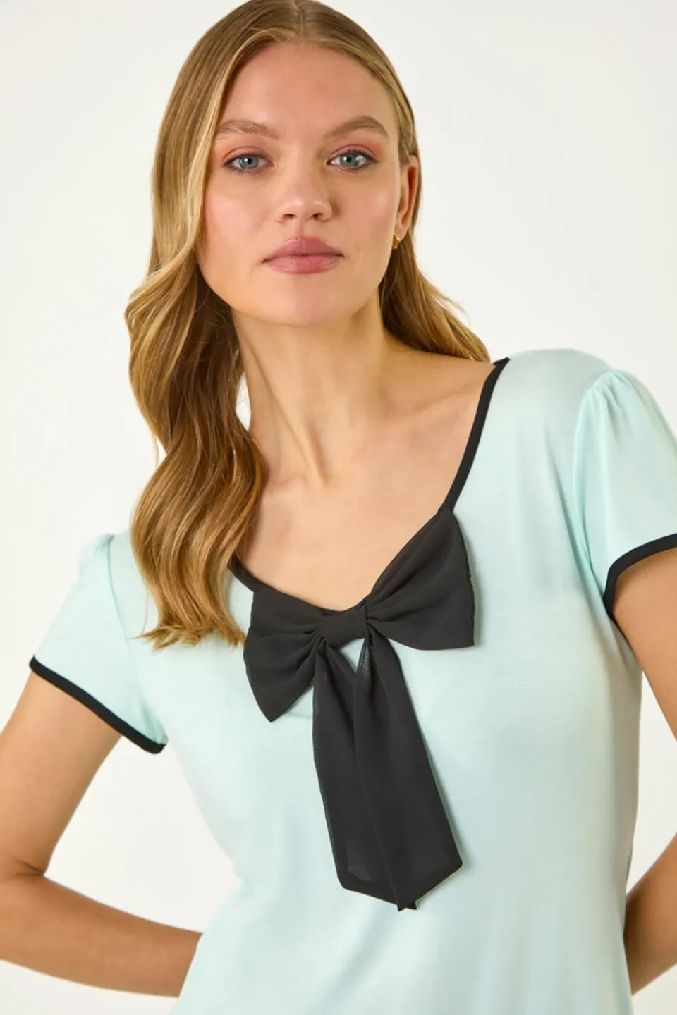 T-Shirts>Roman Mint Bow Front Stretch Top