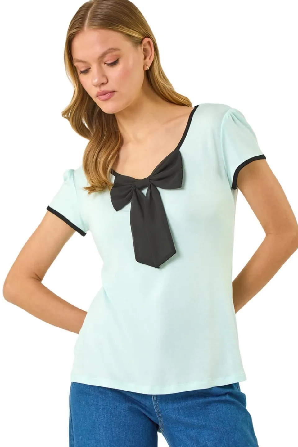 T-Shirts>Roman Mint Bow Front Stretch Top
