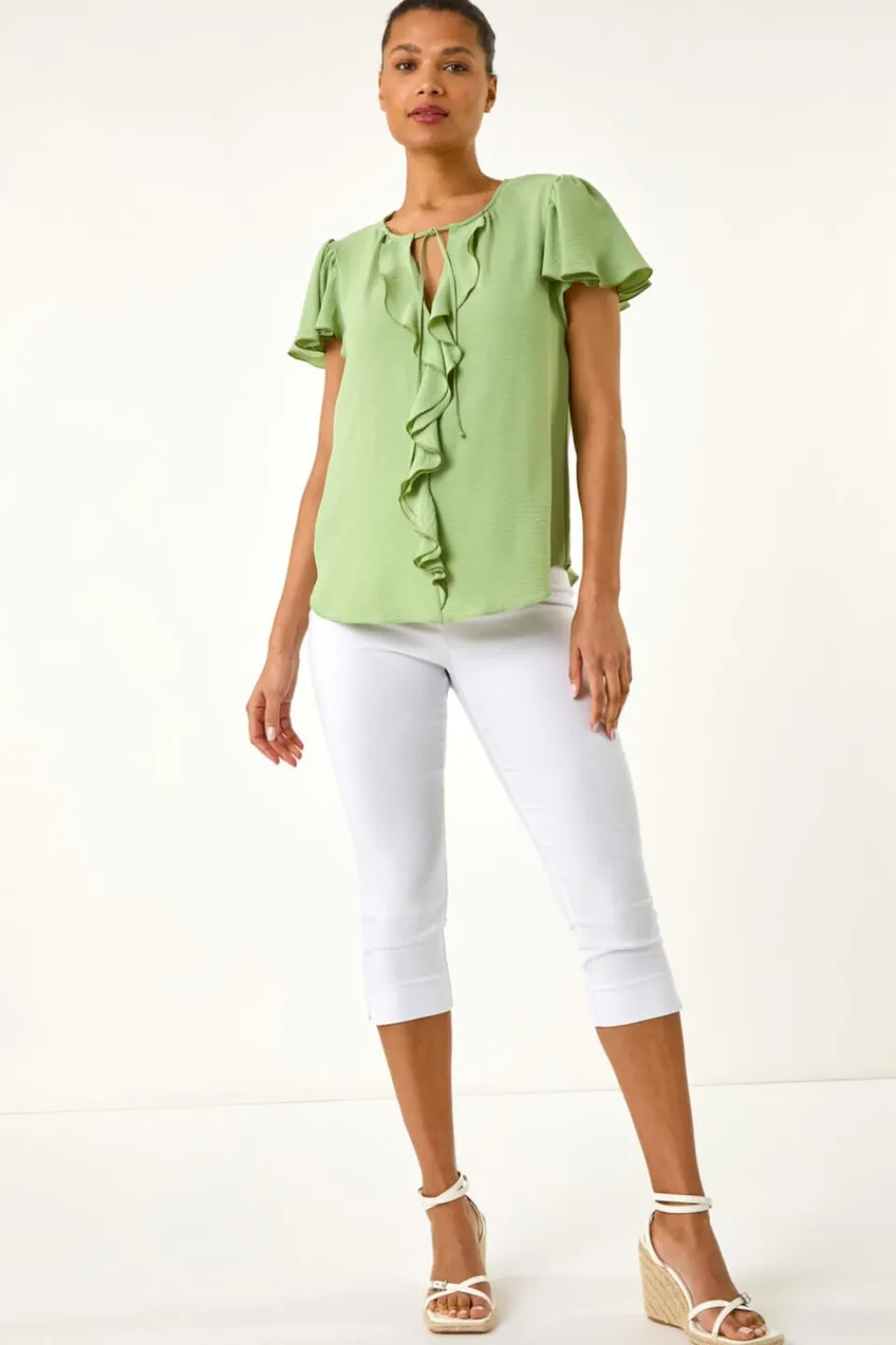 Tops>Roman Mint Frilled Sleeve Tie Front Top