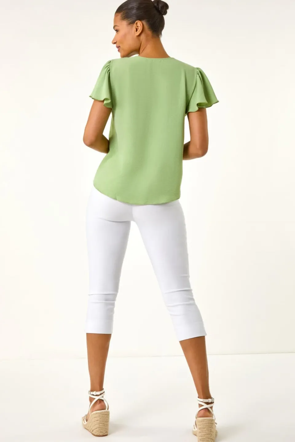 Tops>Roman Mint Frilled Sleeve Tie Front Top