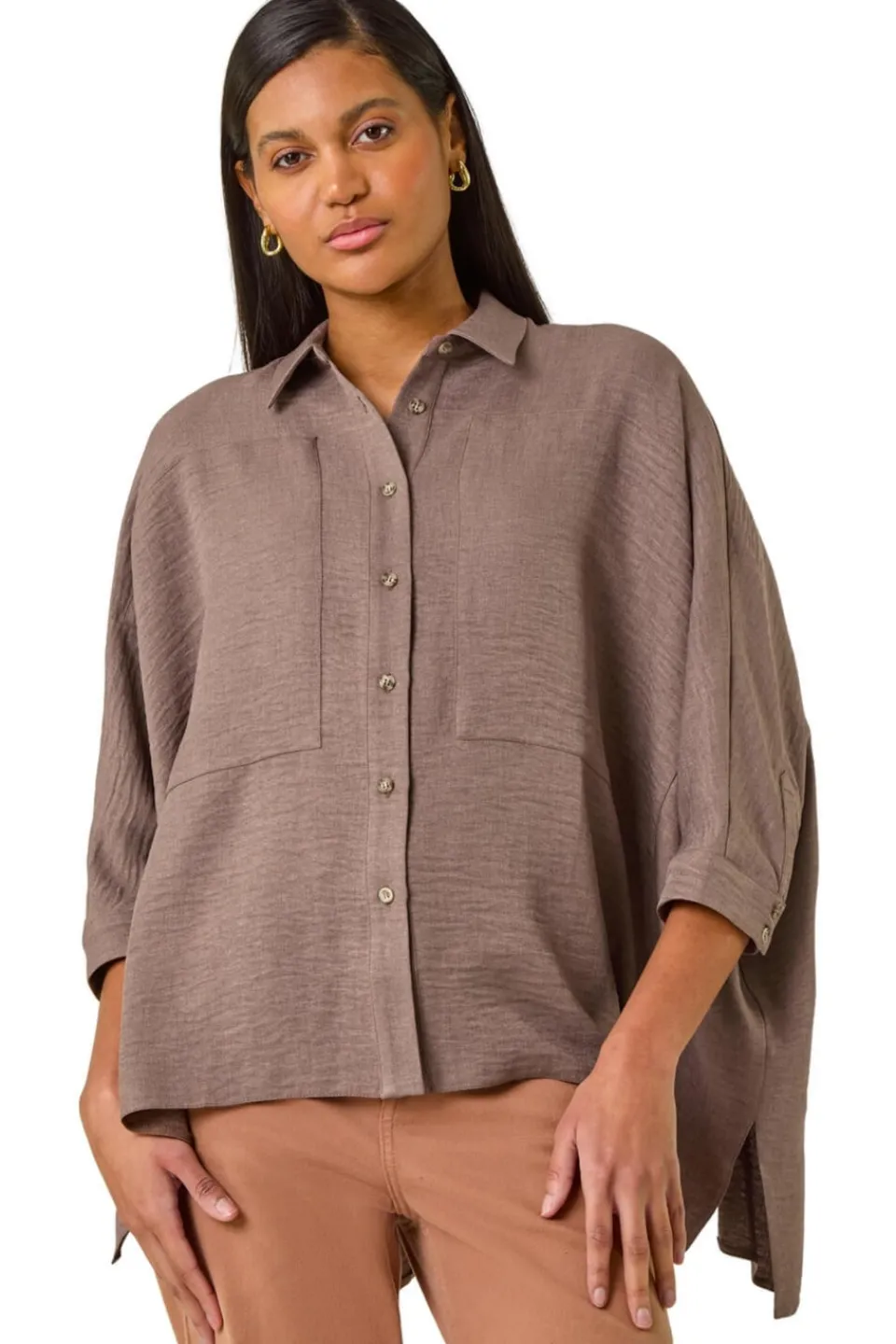 Tops>Roman Mocha Boxy Relaxed Blouse