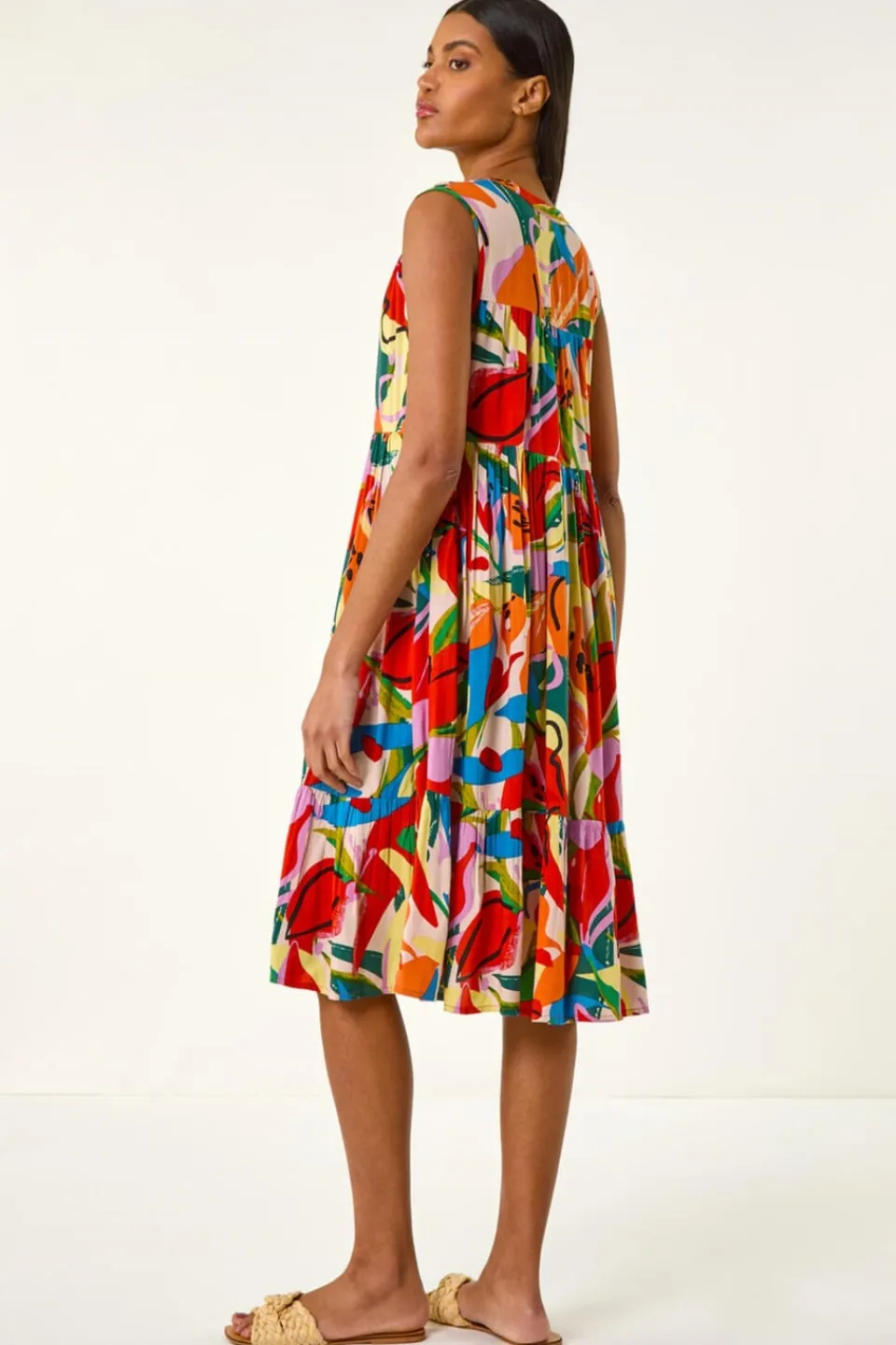 Dresses>Roman Multi Abstract Print Tiered Midi Dress