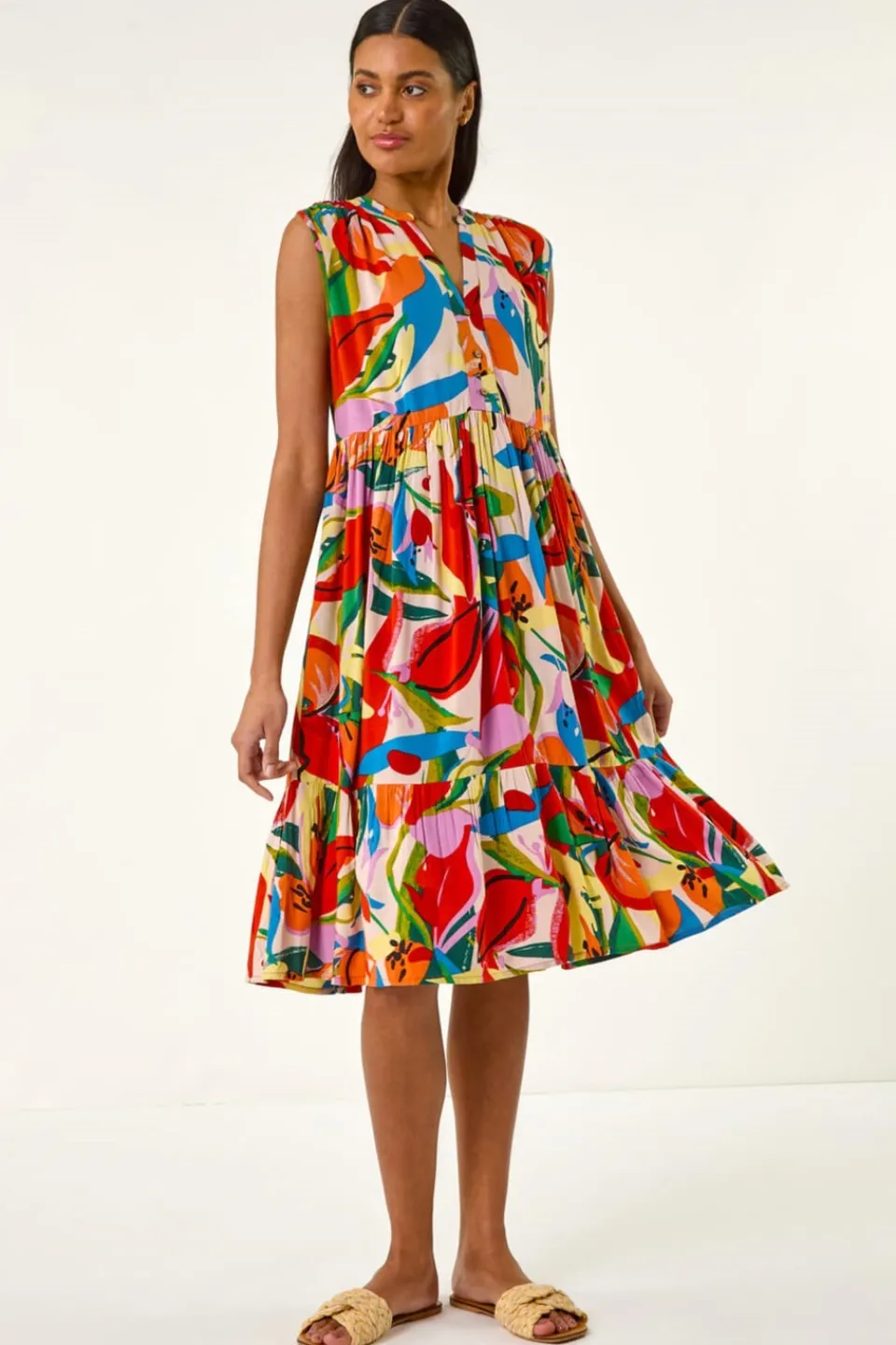 Dresses>Roman Multi Abstract Print Tiered Midi Dress