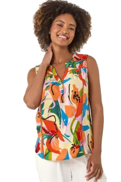 Tops>Roman Multi Abstract Print V-Neck Button Top