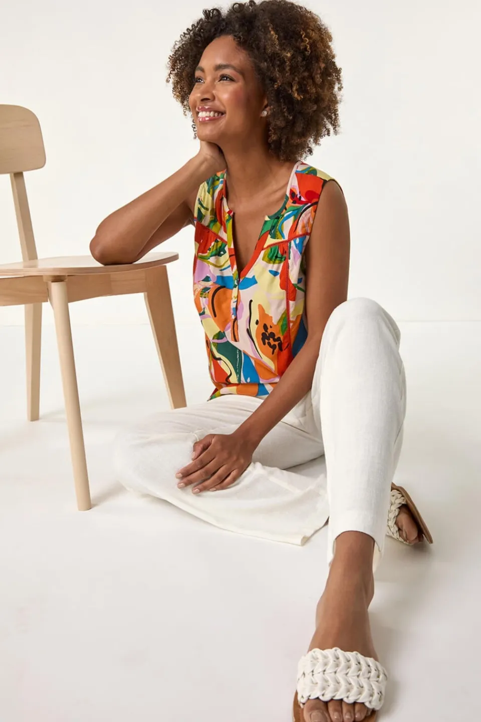 Tops>Roman Multi Abstract Print V-Neck Button Top