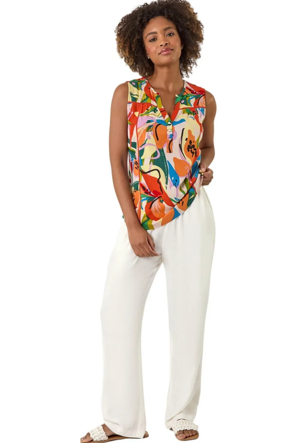 Tops>Roman Multi Abstract Print V-Neck Button Top