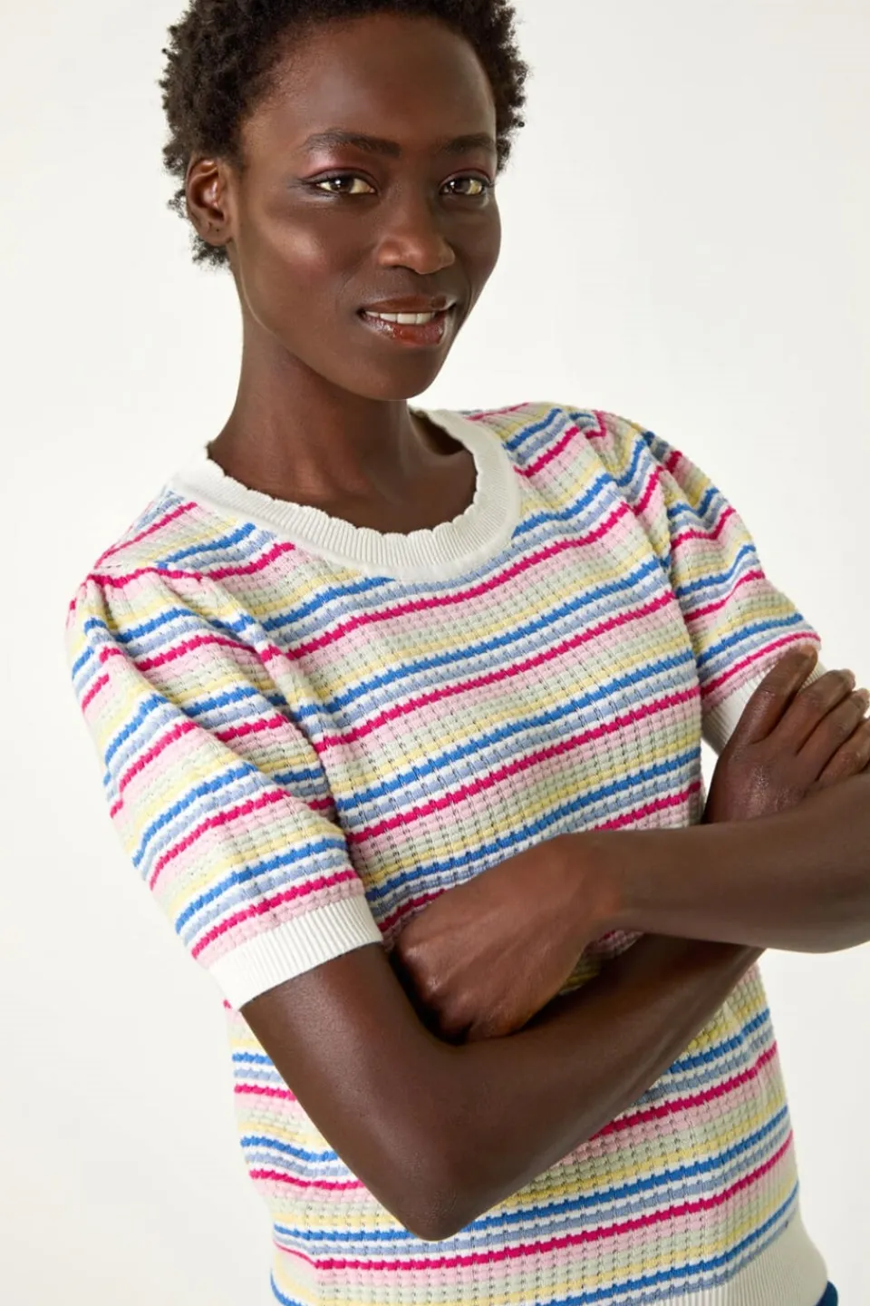Tops>Roman Multi Scallop Edge Stripe Knit Top