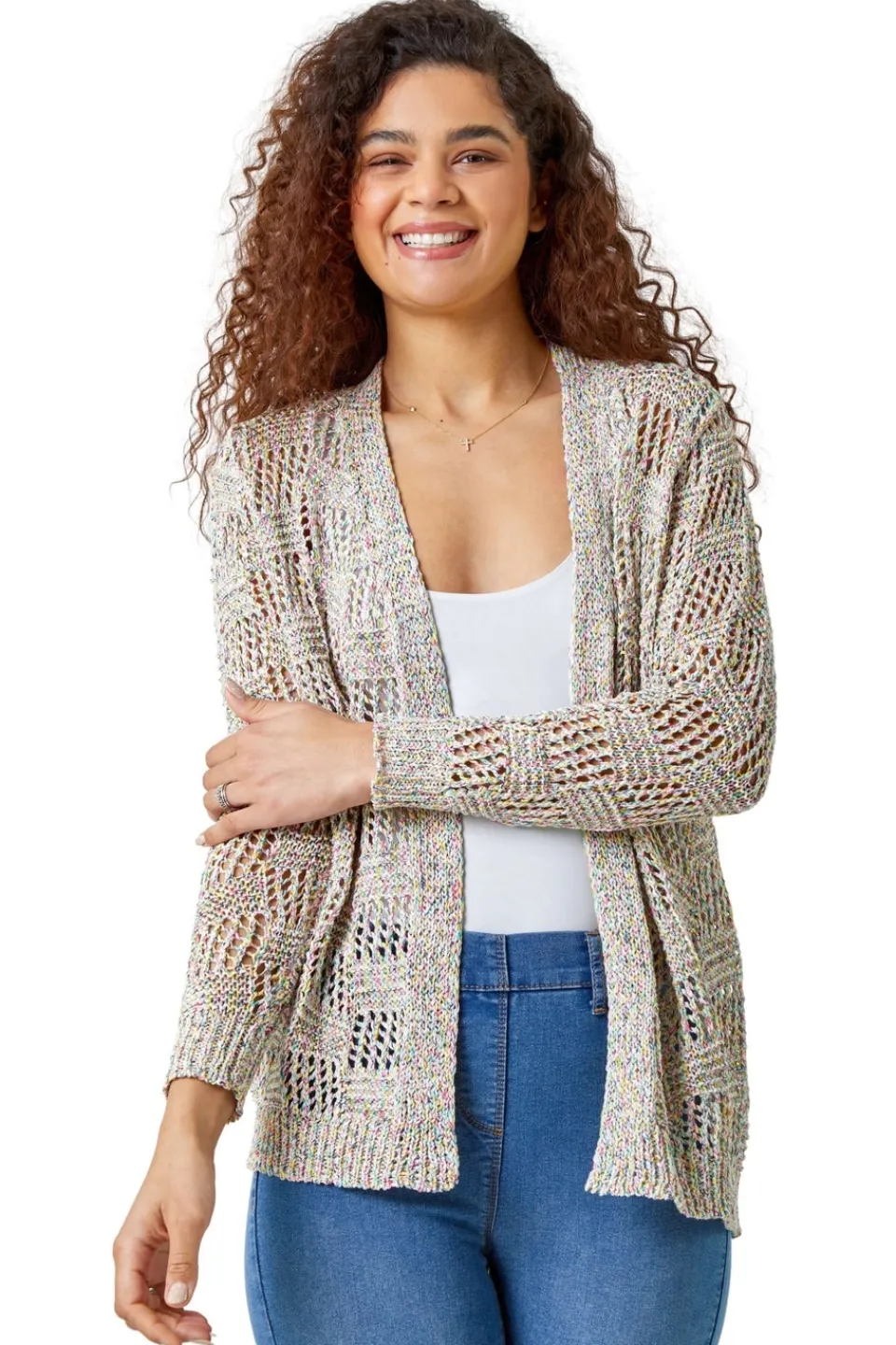 Tops>Roman Multi Tape Knit Cotton Blend Cardigan