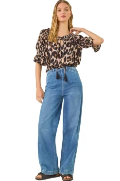 Tops>Roman Natural Animal Print Key Hole Blouse