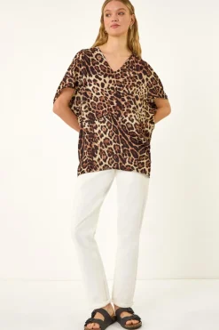 Tops>Roman Natural Animal Print V-Neck Top