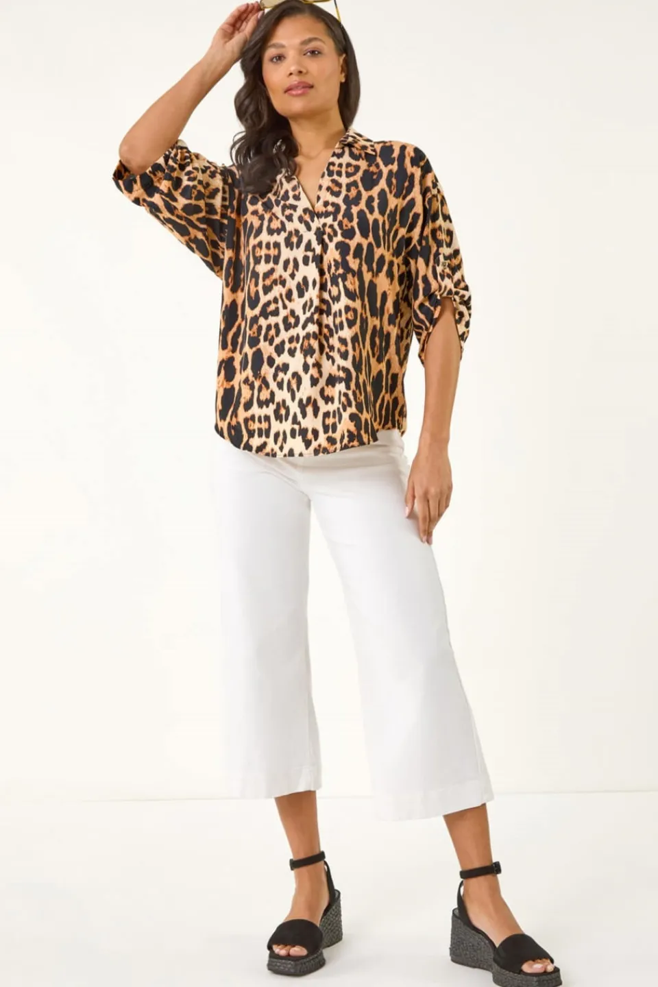 Tops>Roman Natural Animal Print Collar V Neck Top