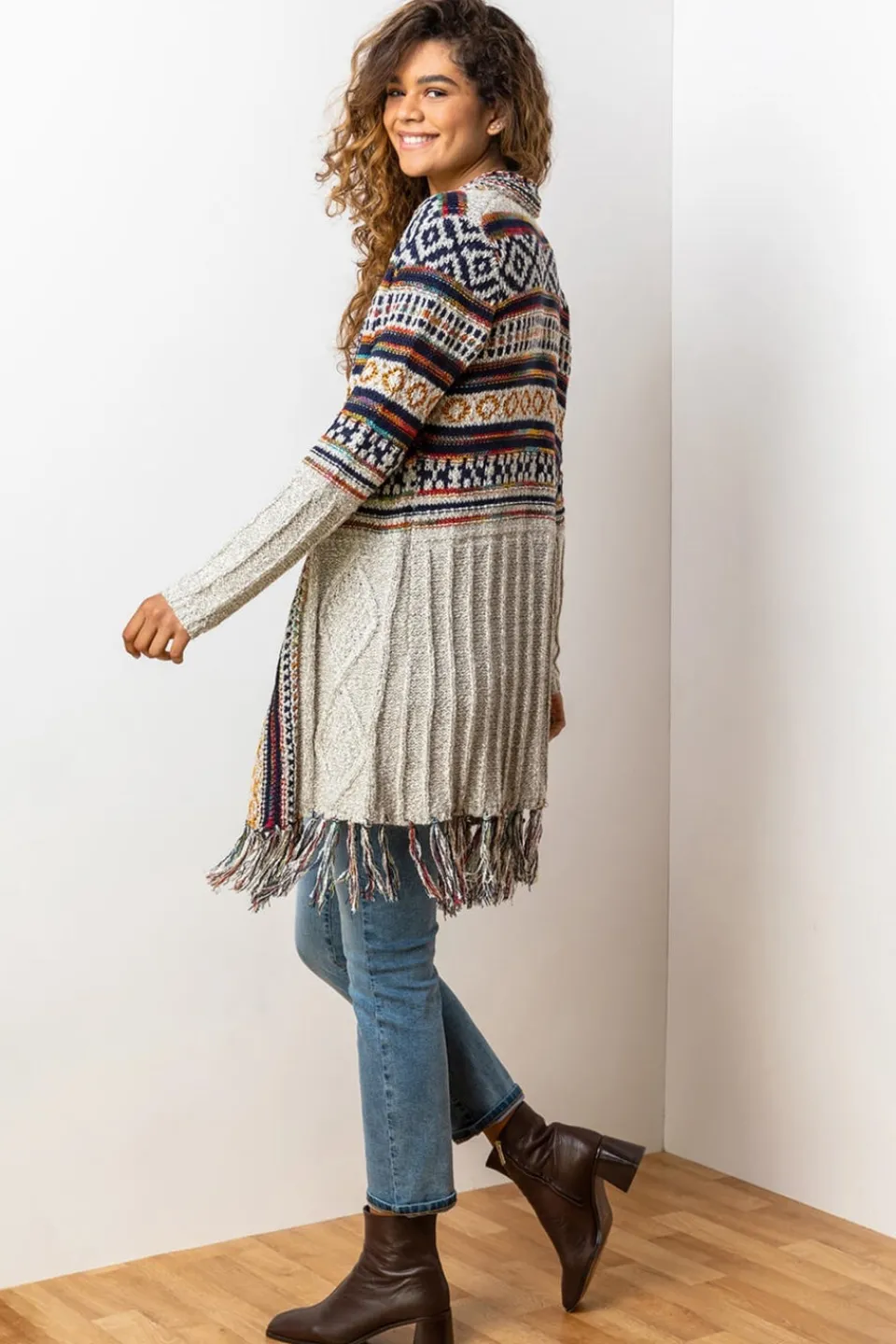 Tops>Roman Natural Aztec Print Tassel Hem Longline Cardigan