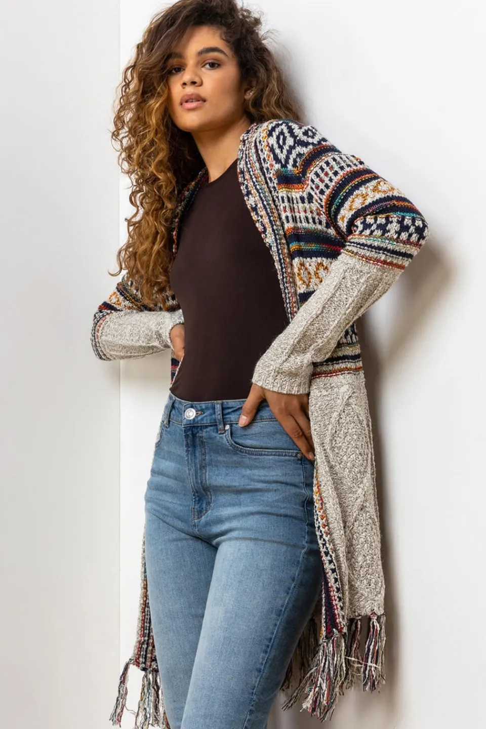 Tops>Roman Natural Aztec Print Tassel Hem Longline Cardigan