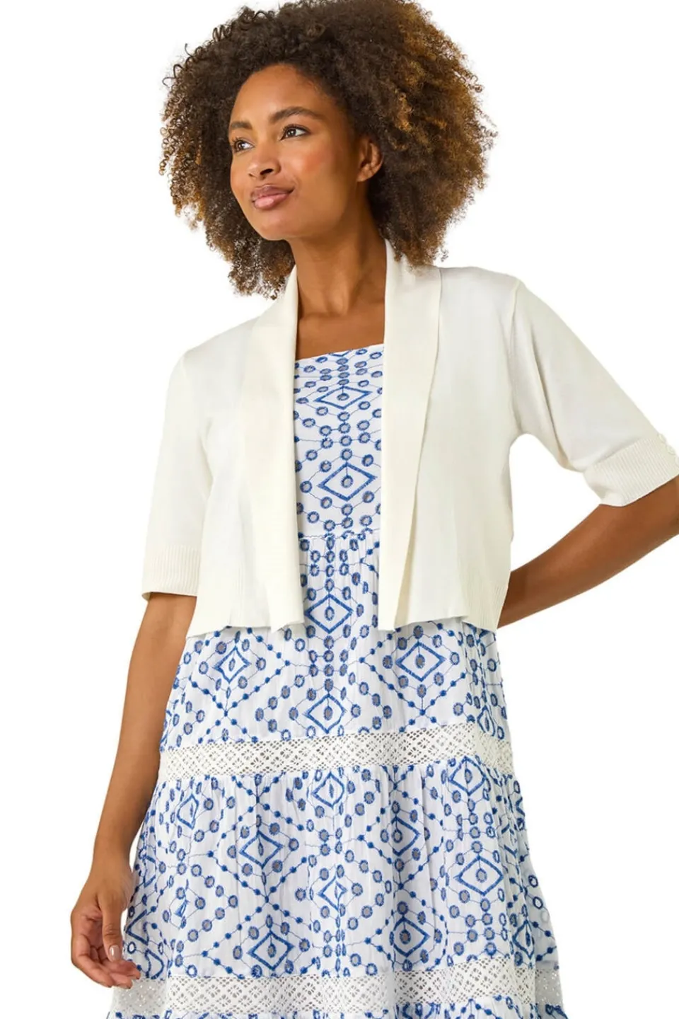 Tops>Roman Natural Button Cuff Knitted Shrug
