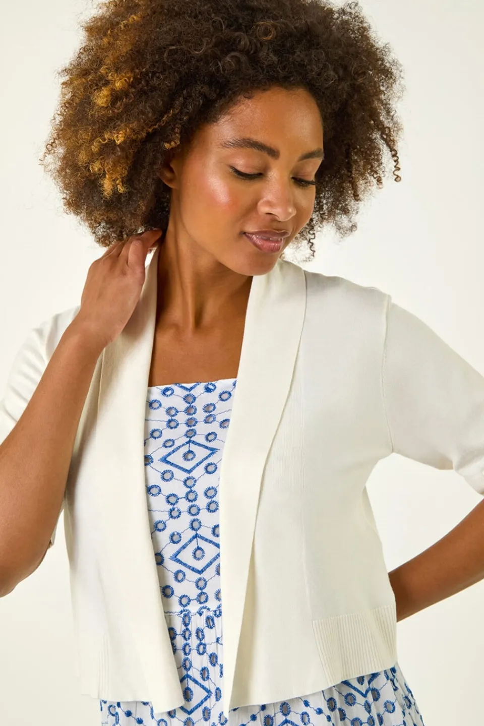 Tops>Roman Natural Button Cuff Knitted Shrug
