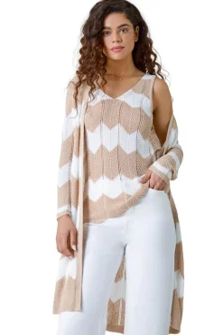 Tops>Roman Natural Chevron Stripe Shimmer Longline Cardigan