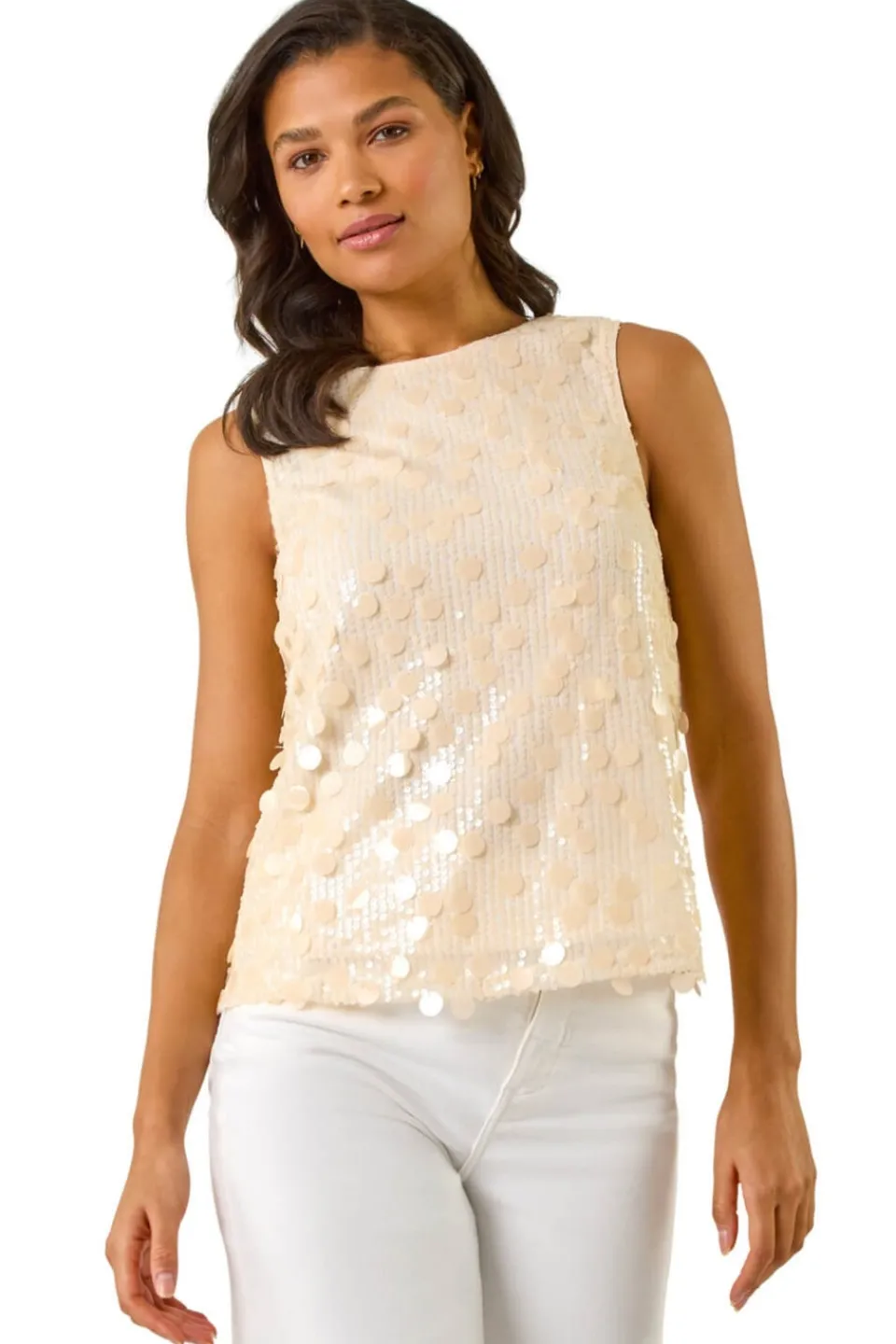 Tops>Roman Natural Circle Sequin Sleeveless Top