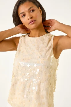 Tops>Roman Natural Circle Sequin Sleeveless Top