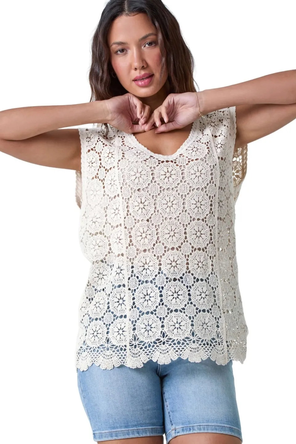 Tops>Roman Natural Cotton Crochet Stretch Knitted Vest