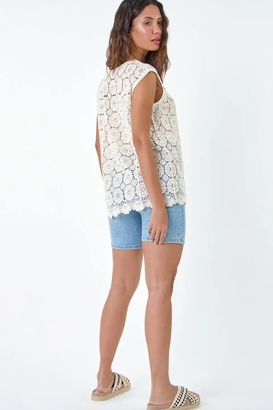Tops>Roman Natural Cotton Crochet Stretch Knitted Vest