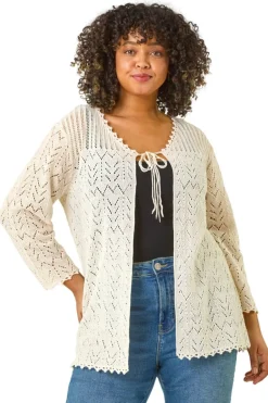 Tops>Roman Natural Curve Crochet Tie Front Cardigan