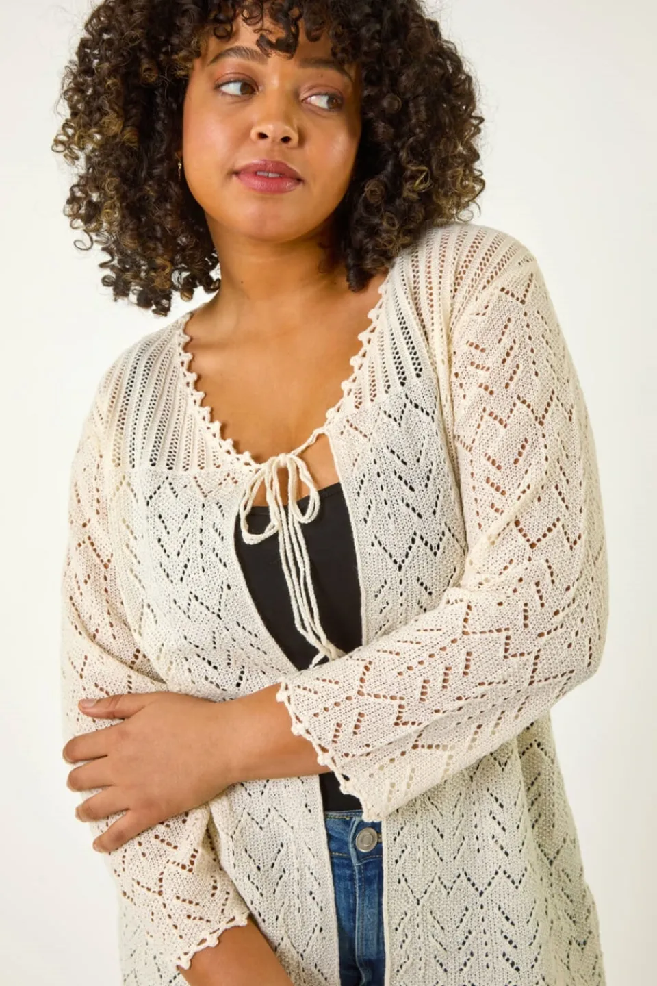 Tops>Roman Natural Curve Crochet Tie Front Cardigan