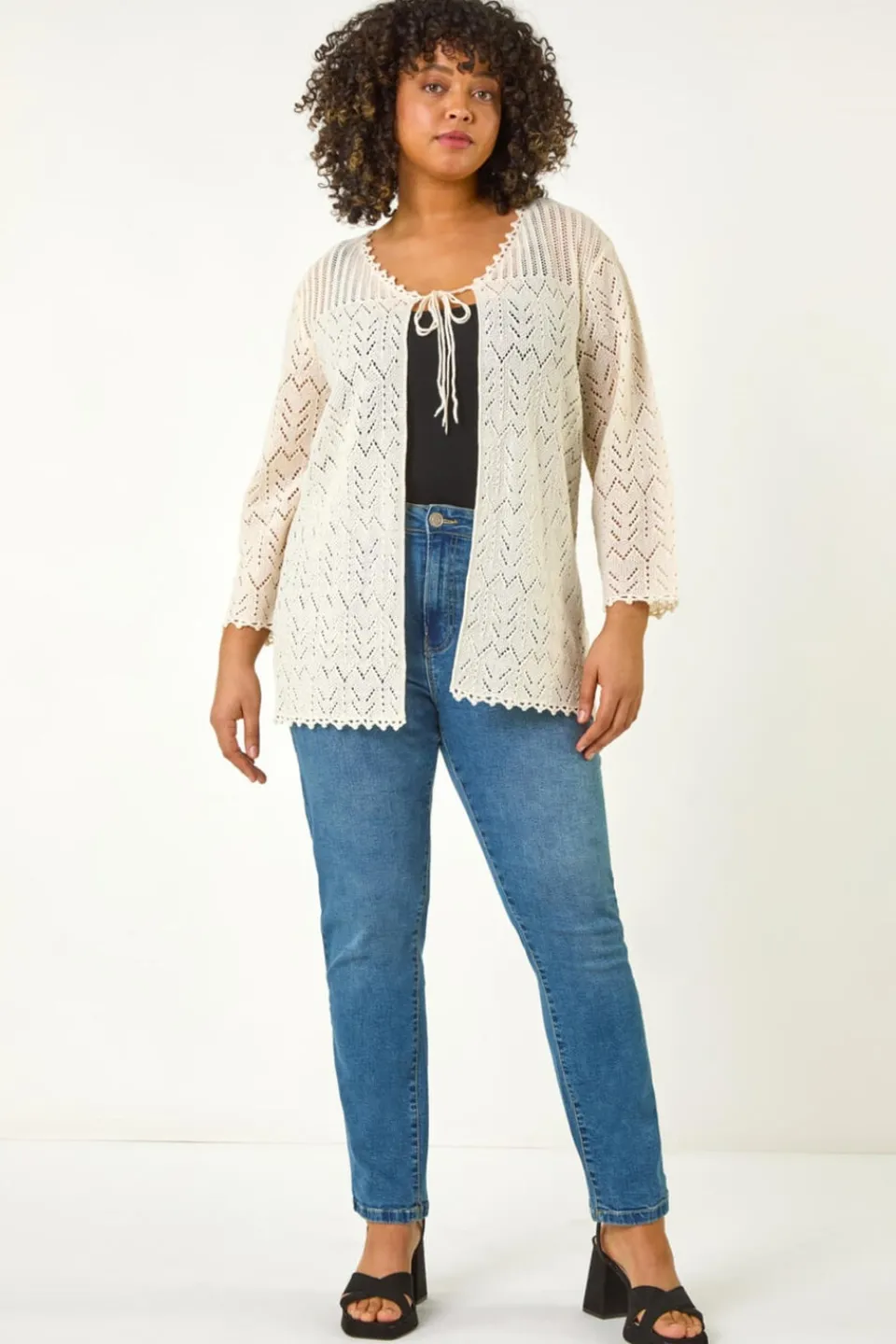 Tops>Roman Natural Curve Crochet Tie Front Cardigan