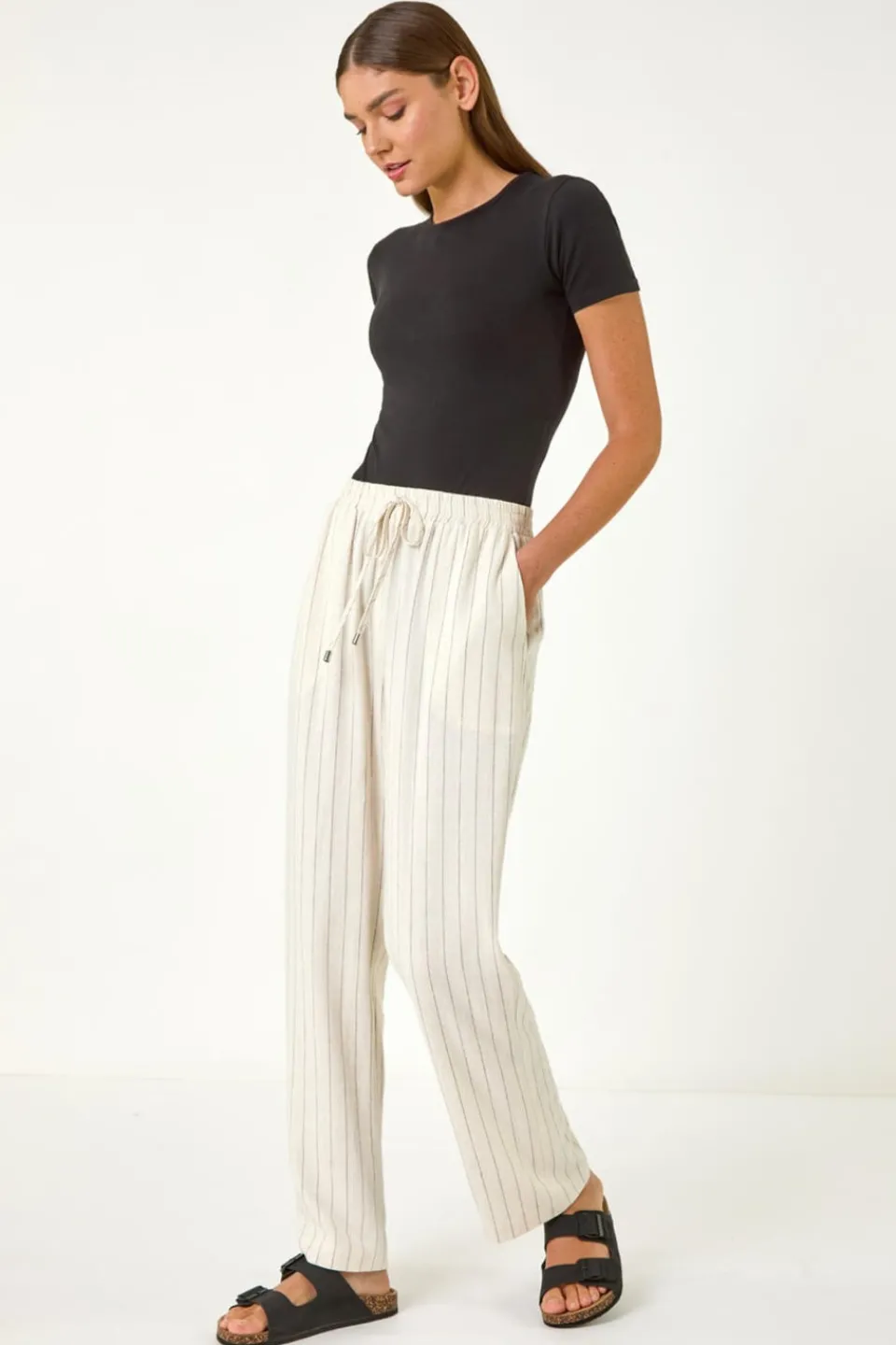 Trousers>Roman Natural Full Length Linen Mix Trouser