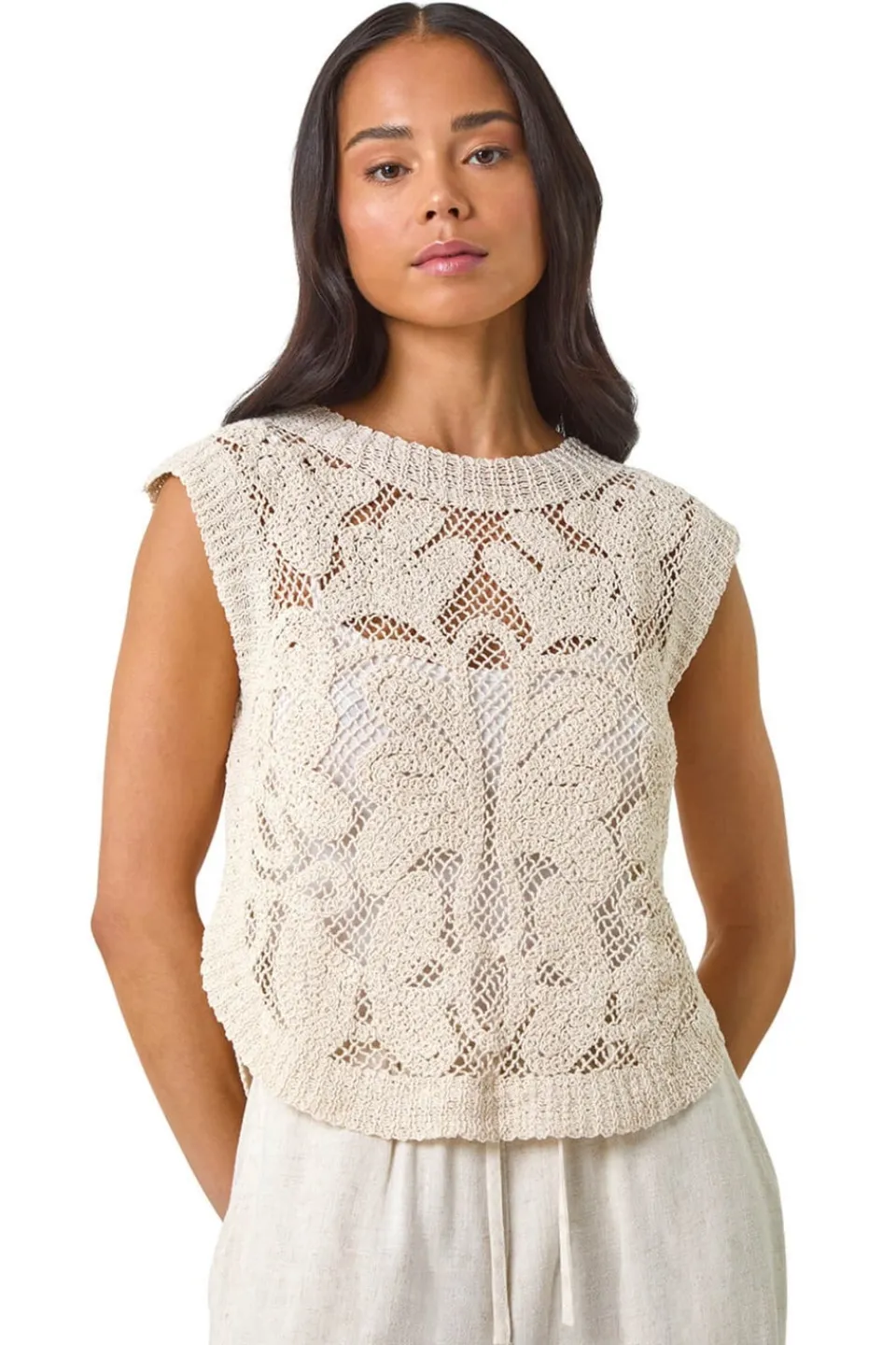 Tops>Roman Natural Petite Curve Hem Crochet Top