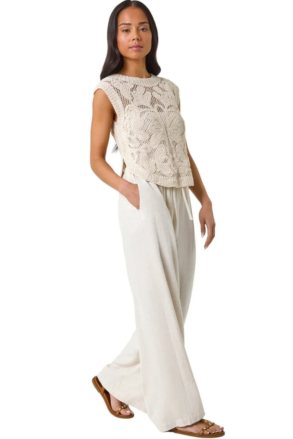 Tops>Roman Natural Petite Curve Hem Crochet Top