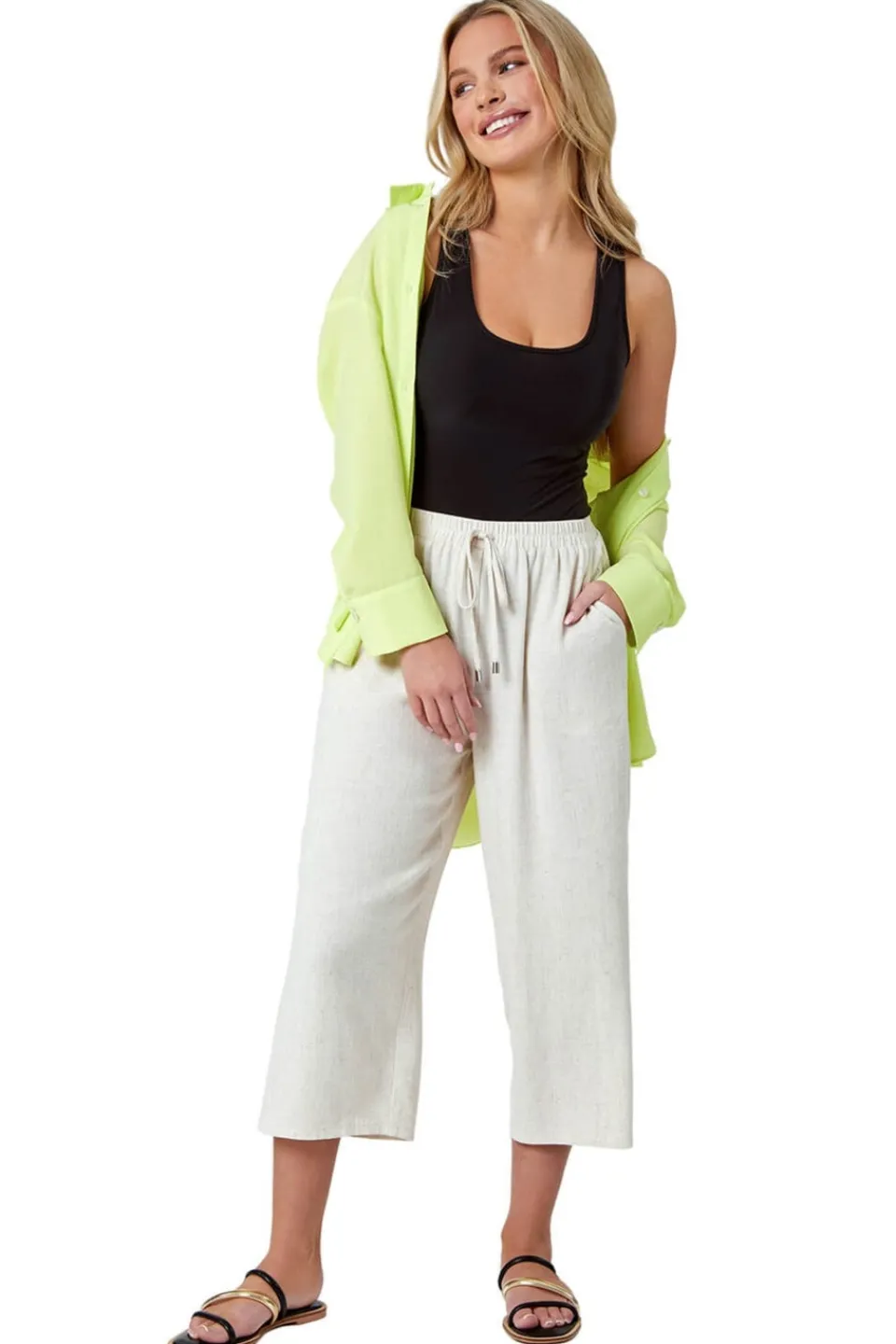 Trousers>Roman Petite Linen Mix Wide Cropped Trousers Natural
