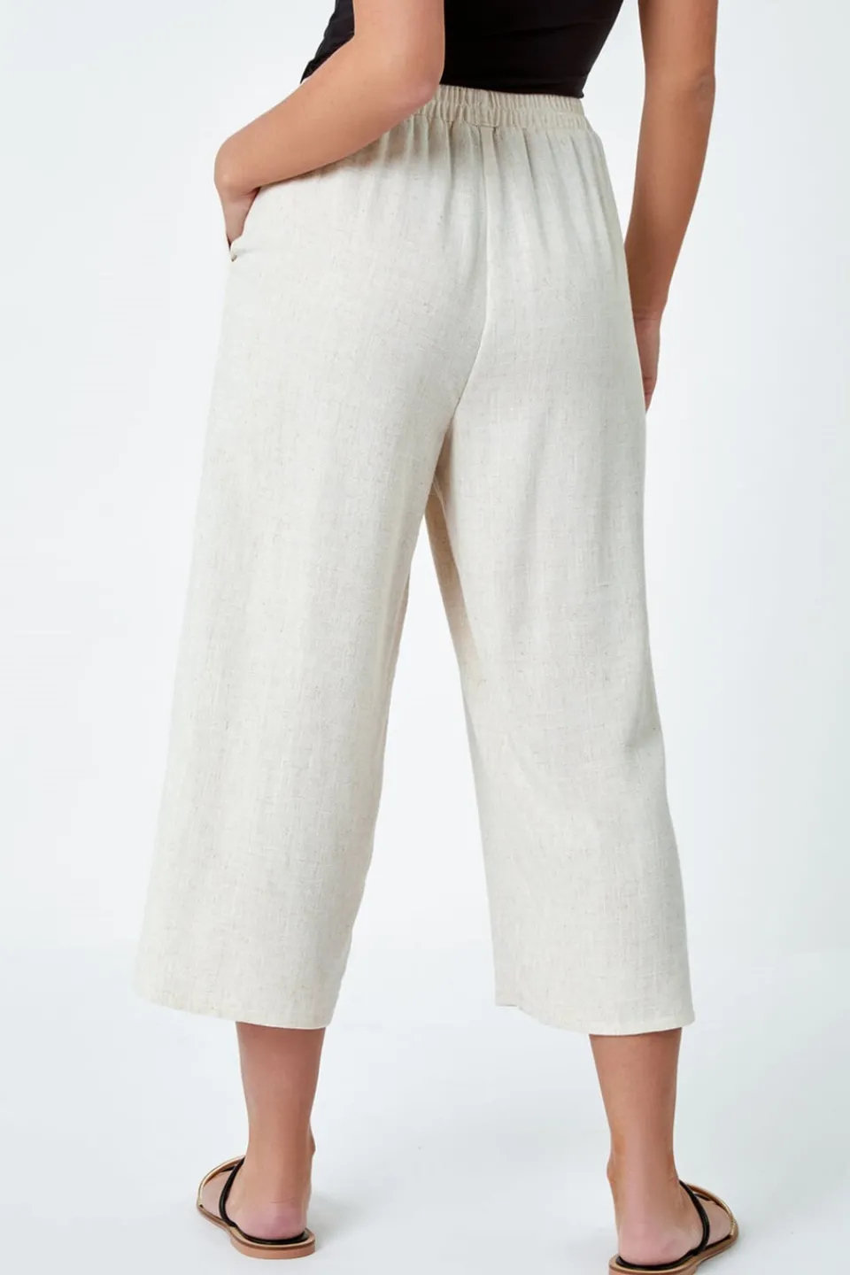 Trousers>Roman Petite Linen Mix Wide Cropped Trousers Natural