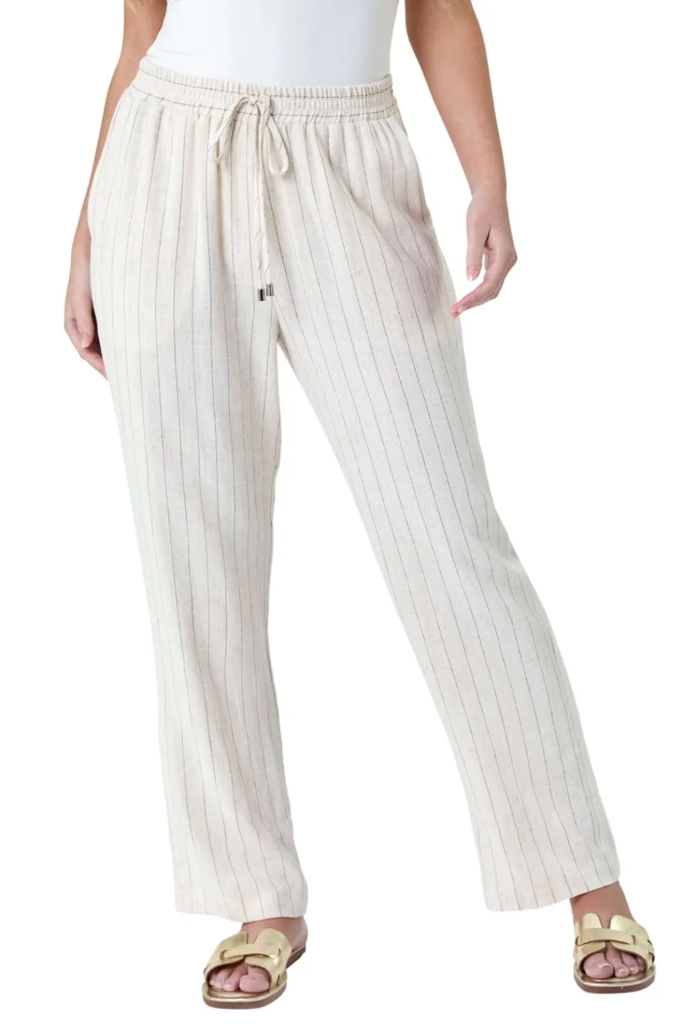 Trousers>Roman Natural Petite Linen Blend Stripe Trousers