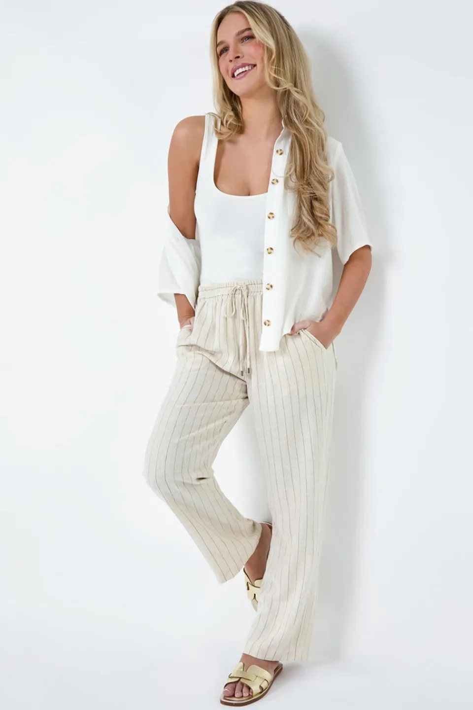 Trousers>Roman Natural Petite Linen Blend Stripe Trousers