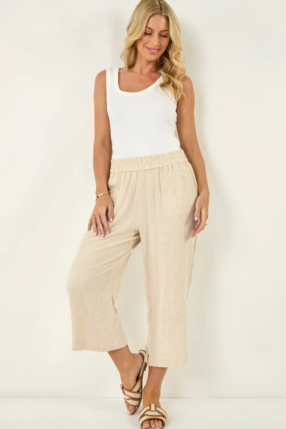 Trousers>Roman Natural Petite Linen Mix Cropped Trouser