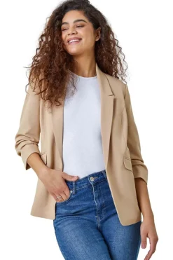 Coats & Jackets>Roman Ruched 3/4 Sleeve  Stretch Blazer Jacket Natural