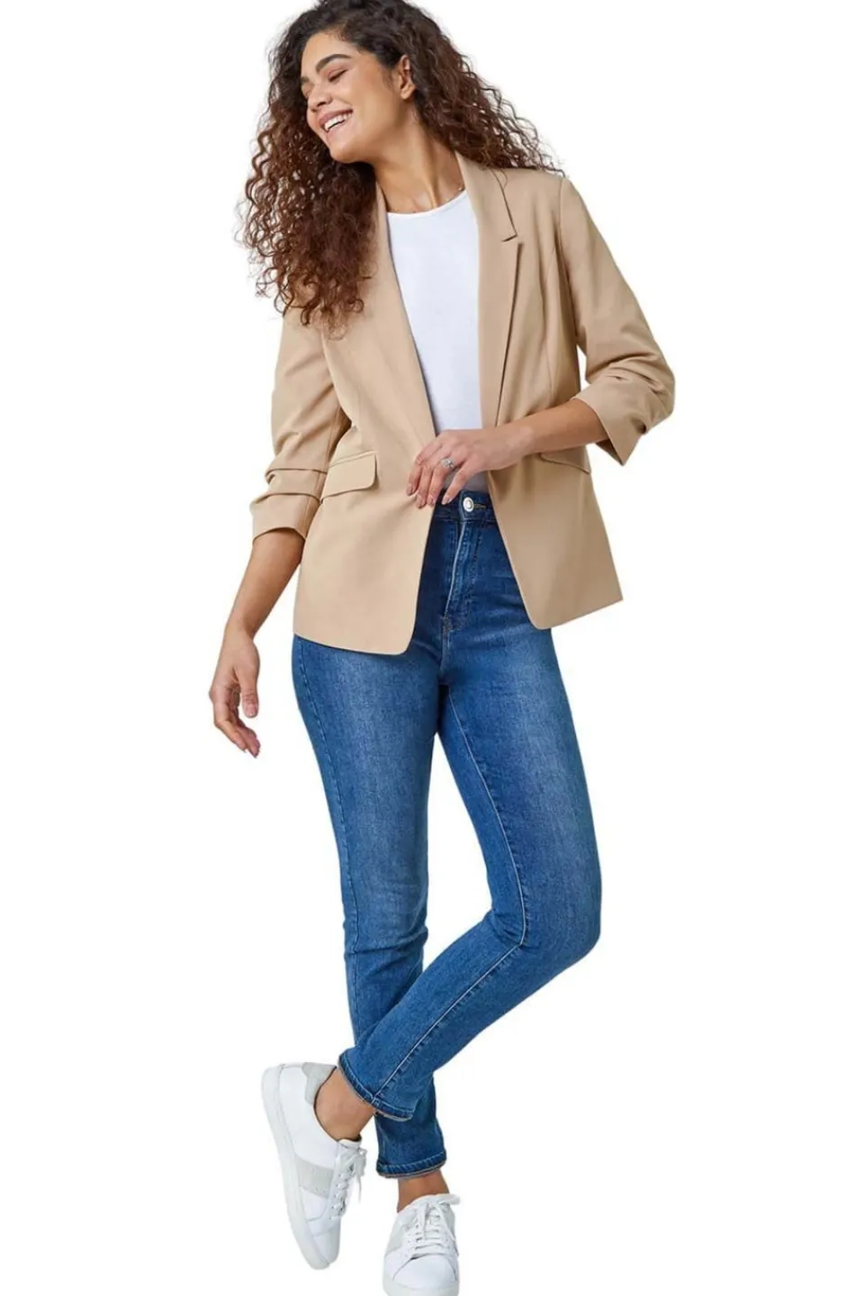 Coats & Jackets>Roman Ruched 3/4 Sleeve Stretch Blazer Jacket Natural