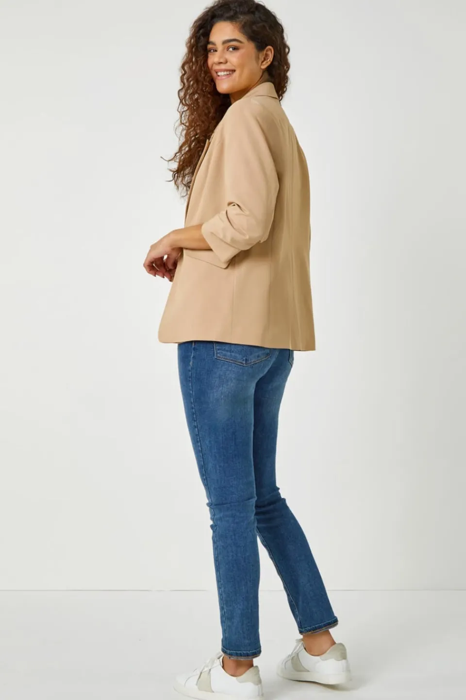 Coats & Jackets>Roman Ruched 3/4 Sleeve Stretch Blazer Jacket Natural