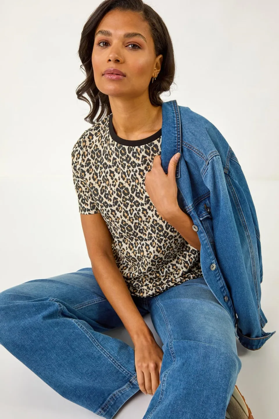 Tops>Roman Natural Textured Animal Print Stretch Tee